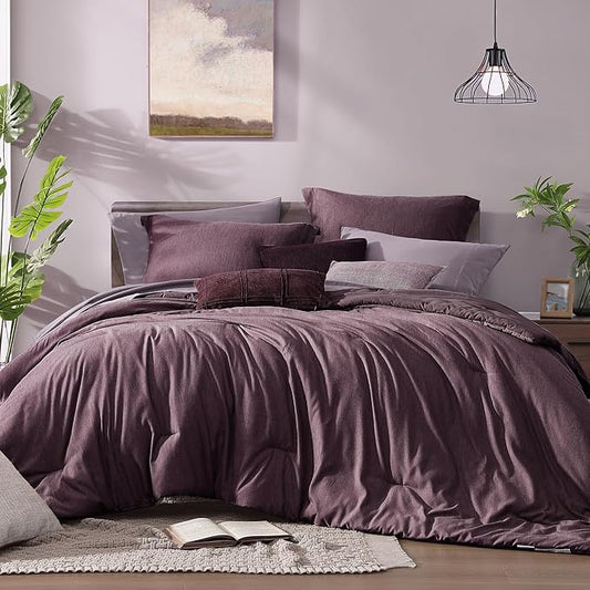 Monbix King Size Comforter Set, Italian Plum King Bedding Set Reversible, 7 Pieces, Cationic Dyeing Bed in a Bag King with Comforter, Sheets, Pillowcases & Shams