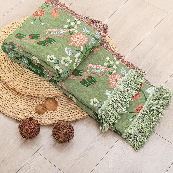 Boho Throw Blanket for Bed, 100% Cotton Ultra Soft Rustic Quilt King Blanket Florals and Animals Printed Farmhouse Decor Large Bed Blankets,90"×98" All Season Rustic Throw for Sofa Couch Chair