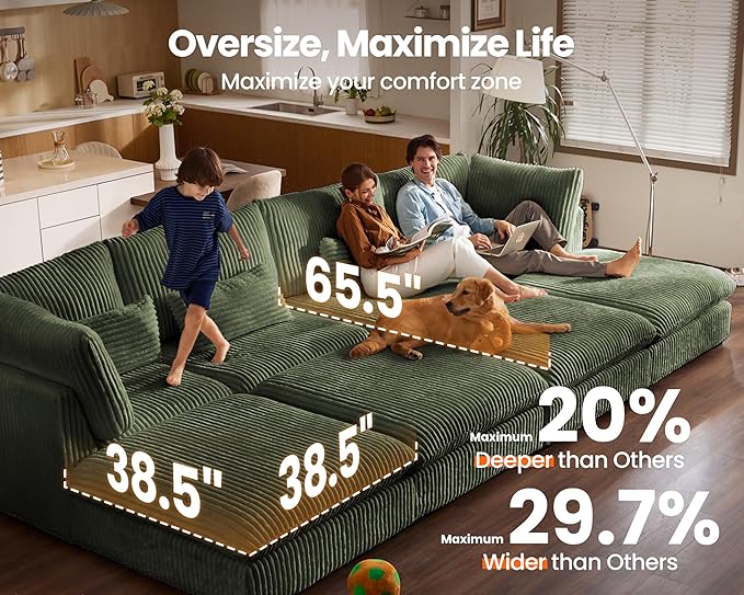 Oversized Modular Sofa, Extra Deep Cloud Corduroy Sectional Couch with Ottoman Chaise, Fluffy Chenille 4 Seat L-Shaped Sofa for Living Room, Villa (L Shape 4 Seater, Corduroy Green)
