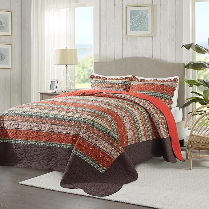 NEWLAKE Cotton Bedspread Quilt Sets - Reversible Patchwork Coverlet Set, Red Striped Jacquard Pattern, Oversized King Size