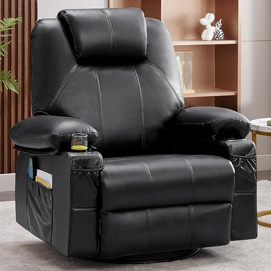 Swivel Rocker Recliner Chair with Heat and Massage, 360 Degree Swivel Rocking Single Sofa with Cup Holders and USB Port, Large Big Recliner Chair for Living Room (Leather, Black)