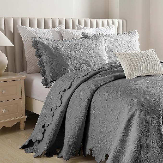MarCielo 3-Piece 100% Cotton Oversized Bedspread Lightweight Quilt Coverlet Embroidery Farmhouse Bedding Set (Tk Light Grey, Oversized Queen (100"x106"))