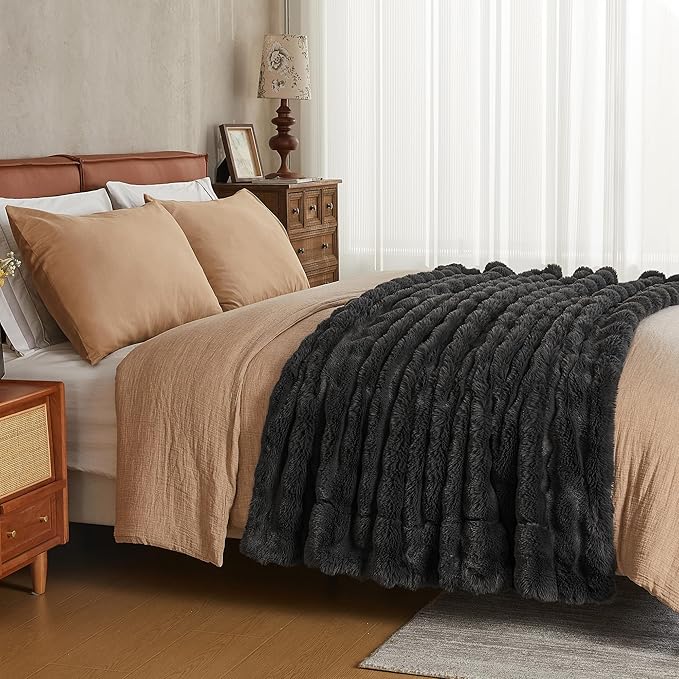 JELLYMONI Faux Fur Throw Blanket, Dark Grey, Cozy Plush Bubble Bed Throw, Thick and Warm, 50" X 60"