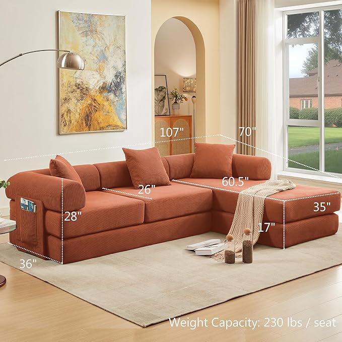 107" Oversized Convertible Sleeper Sofa Bed, Corduroy L Shape Sectional Couch, Folding Sofa Bed with Side Pocket, Modern Cloud Floor Mattress Couch, Modular Sofa for Living Room, Orange