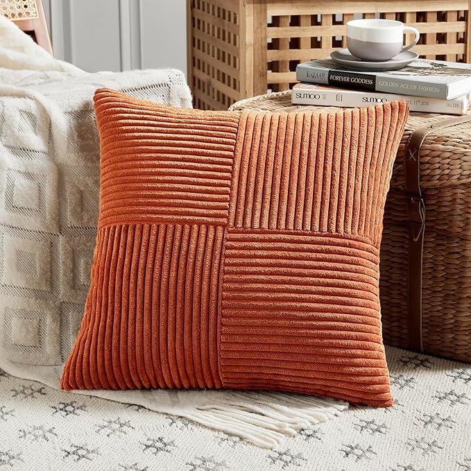 Fancy Homi Set of 2 Burnt Orange Samll Decorative Throw Pillow Covers 12x12 Inch for Living Room Couch Bed, Boho Farmhouse Fall Home Decor, Soft Corss Corduroy Patchwork Textured Cushion Case 30x30cm