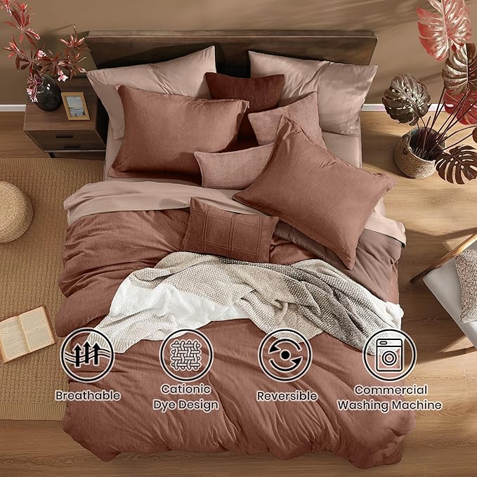 Monbix Queen Comforter Set - 7 Pieces Cationic Dyeing Terracotta Bed in a Bag Queen Bedding Sets with Comforter, Sheets, Pillowcases & Shams, Reversible Bedding Comforters Sets