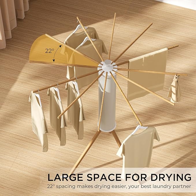 Tripod Clothes Drying Rack, Garment Rack Portable and Foldable Space Saving Laundry Drying Rack - Dryer Rack Clothing Floor Folding Balcony Bedroom Household (Beige(Wood), 12 rods)