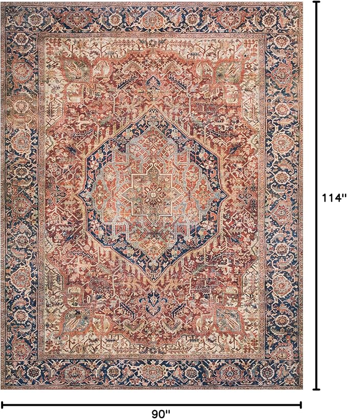 Loloi Layla Collection LAY-08 Red/Navy 7'-6" x 9'-6" .13" Thick Area Rug, Soft, Durable, Vintage Inspired, Distressed, Low Pile, Non-Shedding, Easy Clean, Printed, Living Room Rug