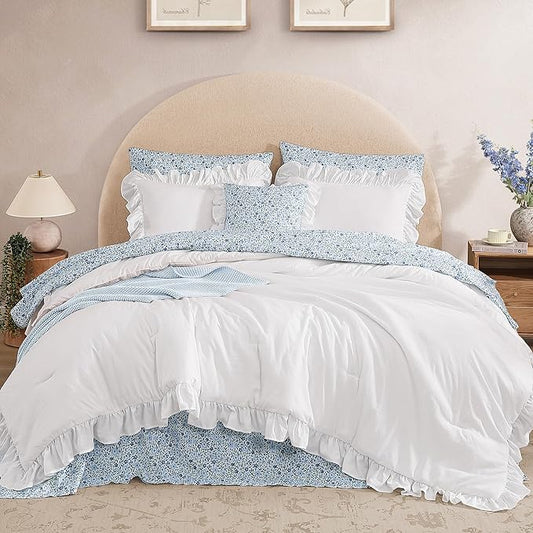 Queen Comforter Set - 7 Pieces Ruffle White Bedding Sets, Shabby Chic Farmhouse Bed in a Bag Queen with Ruffle Comforter, Floral Sheets, Pillowcases & Shams