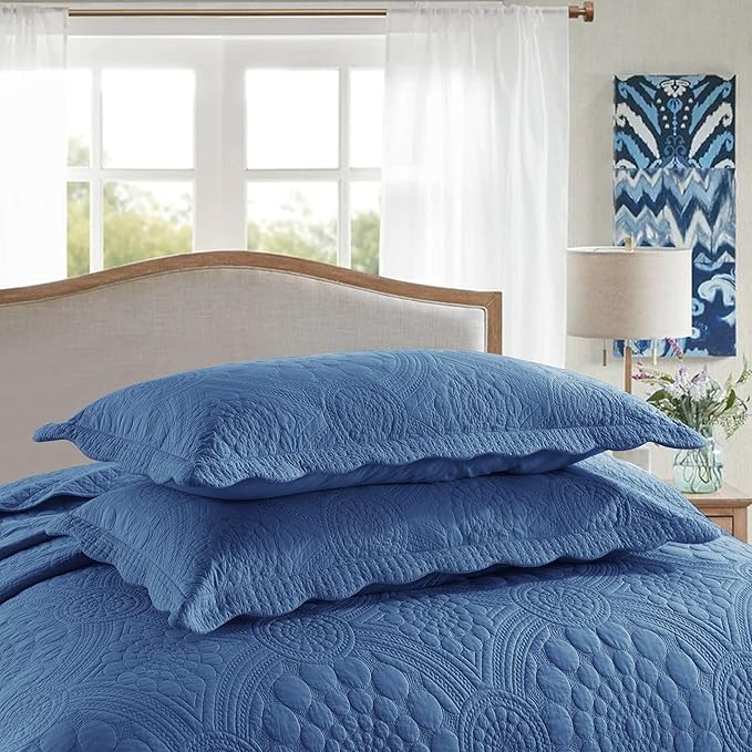 MarCielo 3-Piece 100% Cotton Oversized Bedspread Lightweight Quilt Coverlet Embroidery Farmhouse Bedding Set (Tf Midtone Blue, Oversized King (118"x106"))
