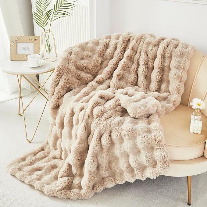 RYNGHIPY Faux Fur Blanket Fluffy Warm Throw Blanket for Sofa Couch Decorative Bed Blanket for Bedroom Living Room Bubble Blanket (Camel, 63''x79'')