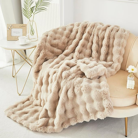 RYNGHIPY Faux Fur Blanket Fluffy Warm Throw Blanket for Sofa Couch Decorative Bed Blanket for Bedroom Living Room Bubble Blanket (Camel, 63''x79'')