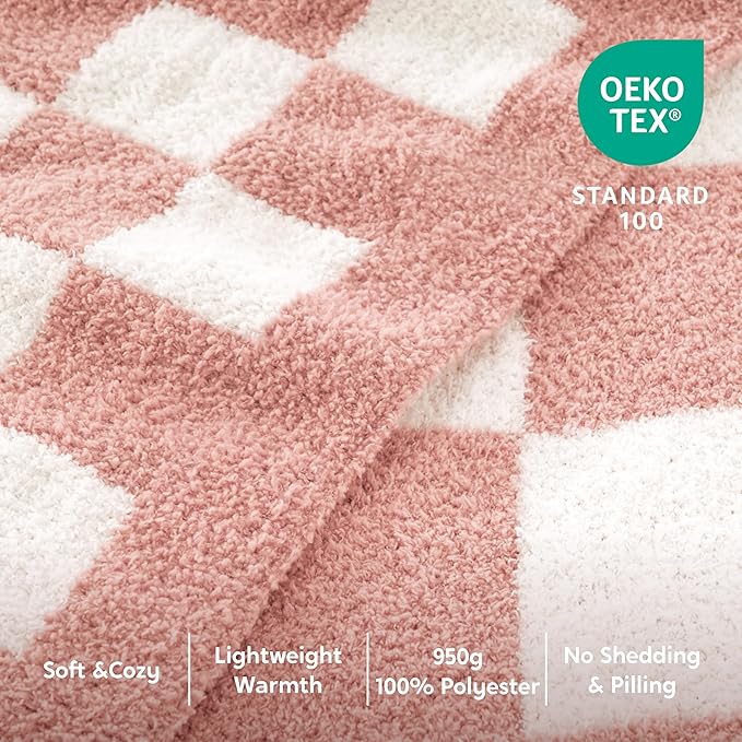 Joiedomi Throw Blanket for Couch, Pink White Checkered Knitted Blankets Gifts for Women Mom Girls, Cozy Cute Soft Throw Home Room Decor Aesthetic Women Mothers Birthday Gifts 50x70 Inches
