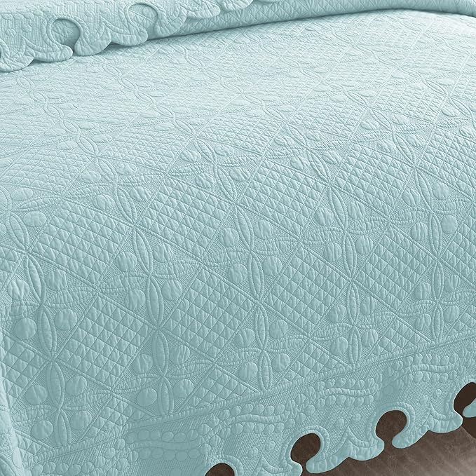 MarCielo 3-Piece 100% Cotton Oversized Bedspread Lightweight Quilt Coverlet Embroidery Farmhouse Bedding Set (TW Mint Green Blue, Oversized King (118"x106"))