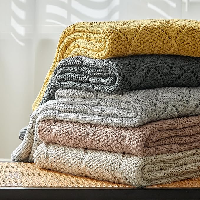 Longhui bedding Chunky Cotton Knit Throw Blanket for Couch, Sofa, Bed, or Chair, Decorative Breathable Fall Cable Knit Blanket 51 x 63 Inches, Olive Green