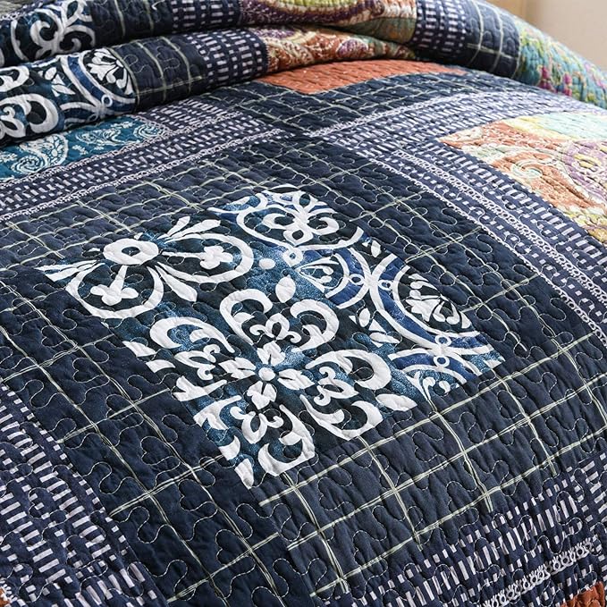 NEWLAKE Cotton Patchwork Bedspread, 3-Piece Bedding Quilt Set with Real Stitched Embroidery, Reversible Matelasse Bed Coverlet Set,Vintage Flowery Grid,King Size