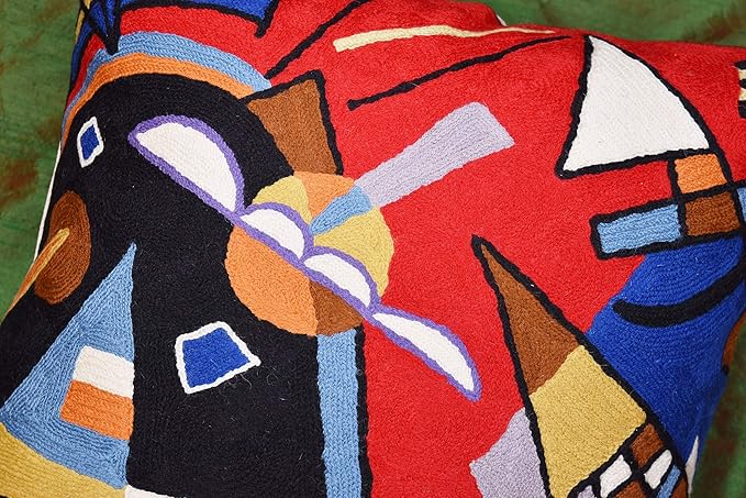 Kandinsky Contemporary Throw Pillow Cover - Bright | Red Modern Pillow Cases | Abstract Accent Pillows | Contemporary Couch Cushions | Hand Embroidered Cushion | Wool Size 18x18