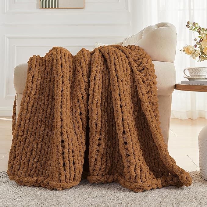 Carriediosa Chunky Knit Throw Blanket 50" X 60", 100% Hand Made Large Chenille Loop Yarn Soft Fluffy Throws for Couch Sofa Bed, Big Crochet Cozy Heavy Thick Cable Woven Blanket, Light Brown