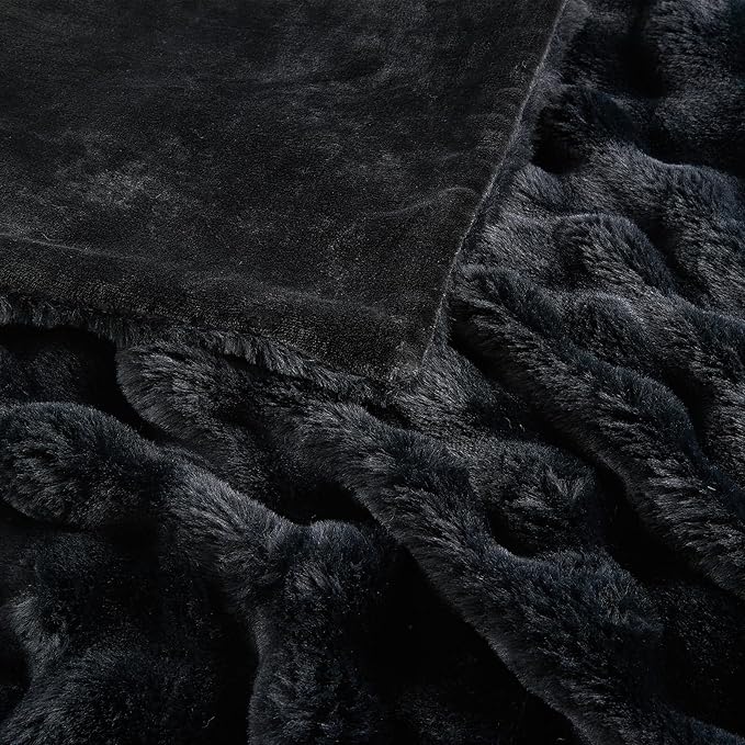Lotus Karen Faux Fur Blanket - Black Twin Size, Big Bubble Rabbit Fluff, 60x80 Inches