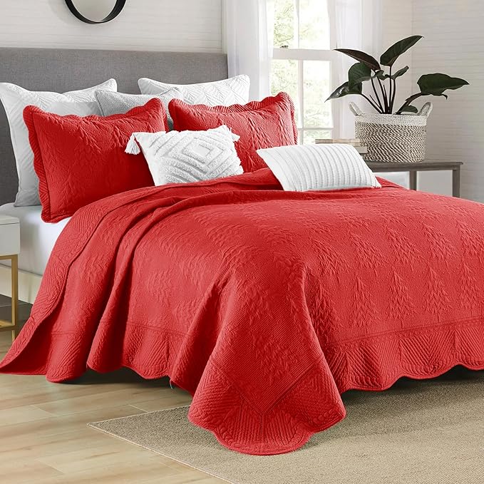 MarCielo 3-Piece Christmas Quilt 100% Cotton Oversized Bedspread Lightweight Coverlet Embroidery Christmas Tree Pattern Bedding Set (TC Red, Oversized Queen (100"x106"))