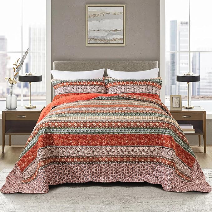 NEWLAKE Cotton Bedspread Quilt Sets - Reversible Patchwork Coverlet Set, Red Striped Jacquard Pattern, California King Size