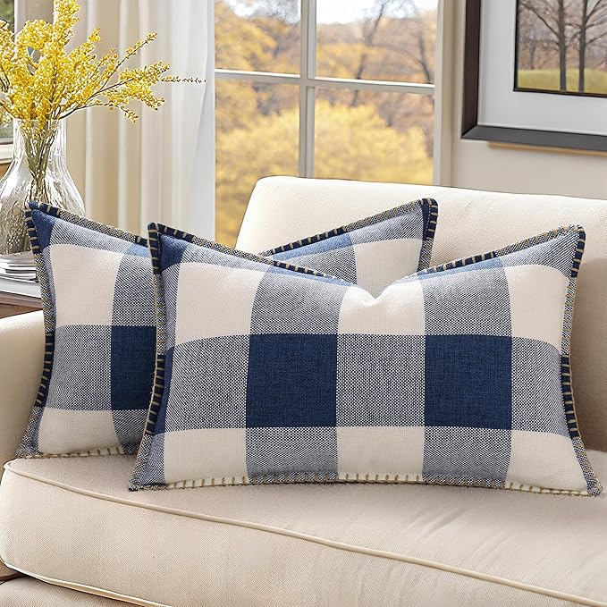 decorUhome Buffalo Plaid Check Throw Pillow Covers 12x20 Set of 2, Outdoor Lumbar Decorative Farmhouse Neutral Pillow Covers with Stitched Edge for Bed Couch Sofa, Navy Blue and White
