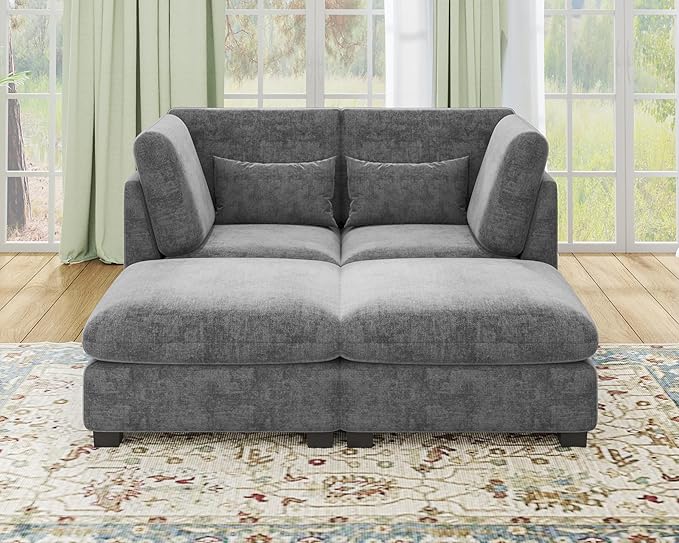 Oversized Modular Sofa, Extra Deep Cloud Chenille Sectional Couch with Ottoman Chaise, Fluffy Chenille 2 Seater Sofa Bed for Living Room, Villa (Sofa Bed 4 Seater, Chenille Grey)