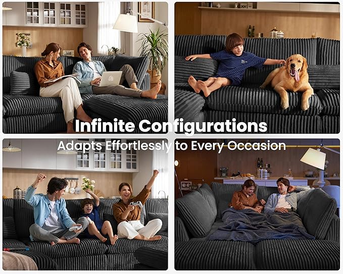 Oversized Modular Sofa, Extra Deep Cloud Corduroy Sectional Couch with Ottoman Chaise, Fluffy Chenille 6 Seat U-Shaped Sofa for Living Room, Villa (U Shape 6 Seater, Corduroy Black)