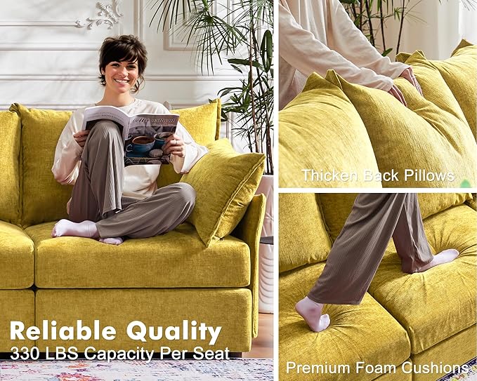 Oversized Accent Chair, Upholstered Modern Sofa Chair with Removable Backrest & Detachable Cover, 24.5" Deep Seat Large Reading Armchair for Living Room Bedroom Office-Chenille Yellow Set of 2