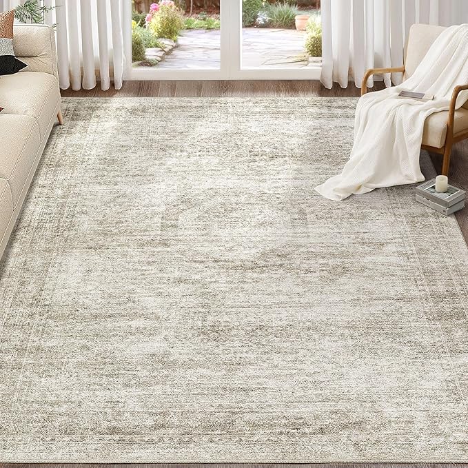 Washable Area Rugs for Living Room -8x10 Neutral Vintage Distressed Floral Farmhouse Boho Large Soft Floor Rug Indoor Non Slip Carpet for Living Room Bedroom Dining Room Office-Beige
