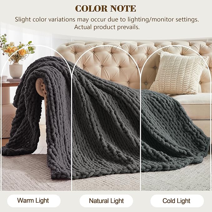 Carriediosa Chunky Knit Throw Blanket 60" X 80" Twin, 100% Hand Made Large Chenille Loop Yarn Soft Fluffy Throws for Couch Sofa Bed, Big Crochet Cozy Heavy Thick Cable Woven Blankets, Dark Grey
