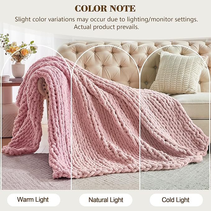 Carriediosa Chunky Knit Throw Blanket 50" X 60", 100% Hand Made Large Chenille Loop Yarn Soft Fluffy Throws for Couch Sofa Bed, Big Crochet Cozy Heavy Thick Cable Woven Blankets, Dusty Pink
