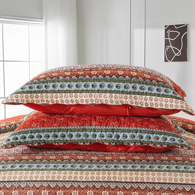 NEWLAKE Cotton Bedspread Quilt Sets - Reversible Patchwork Coverlet Set, Red Striped Jacquard Pattern, California King Size