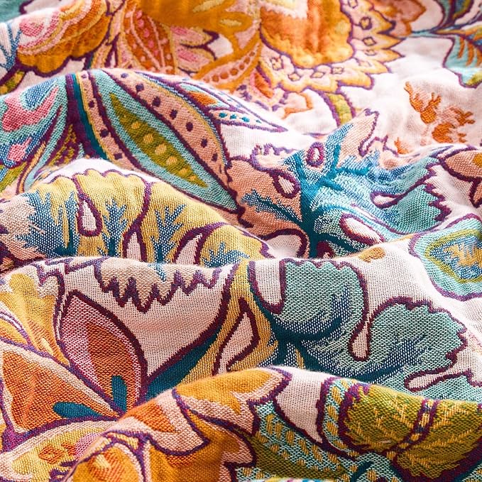 Boho Throw Blanket for Bed, 100% Cotton Soft Rustic Quilt Fall Blanket, 50"x60" Floral Printed Farmhouse Decor Bed Blankets, All Season Rustic Reversible Bohemian Throw Quilt