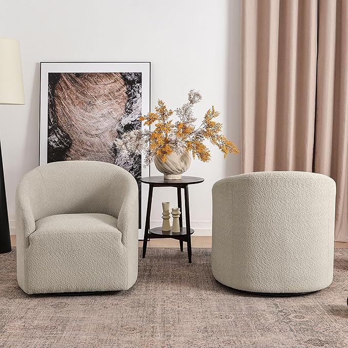 KINWELL 32" Wide Modern Boucle Swivel Barrel Chairs Set of 2, No Assembly Round Upholstered Swivel Accent Armchairs for Living Room, Bedroom (Oatmeal)