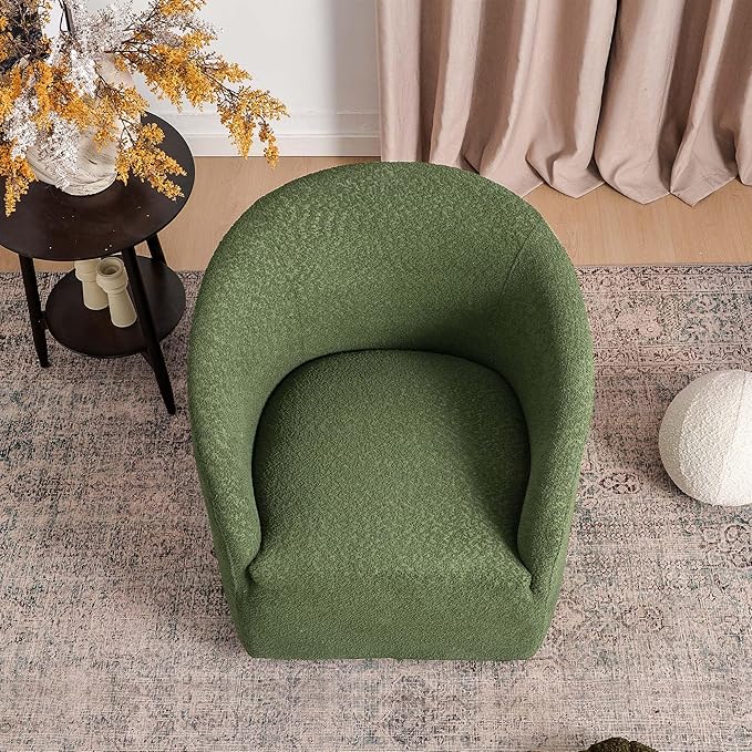 KINWELL 32" Wide Modern Boucle Swivel Barrel Chair, No Assembly Round Upholstered Swivel Accent Armchair for Living Room, Bedroom, Office (Green)