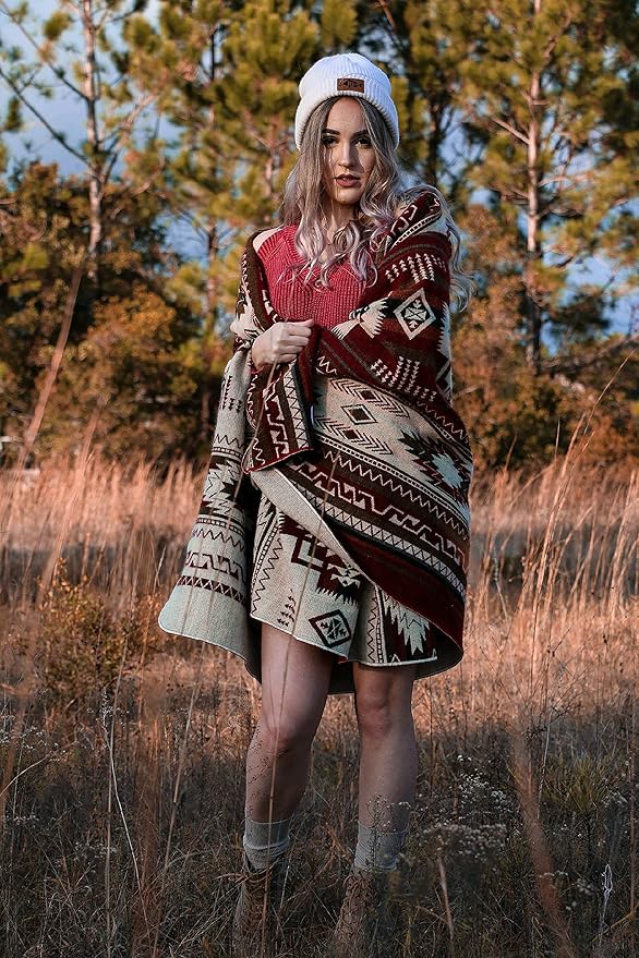 Inca Aztec Throw, Queen, King Blanket | Southwest Indian Navajo Boho Style | Native Cover for Camping, Bedding, Couch, Vanlife | Faux Alpaca, Lightweight, Hypoallergenic (Vinincunca Maroon, Queen)