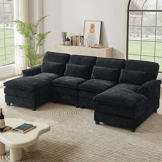 113" Oversized Cloud Couch, U Shape Sectional 4 Seat Sofa with Double Chaises, 2 Layer Cusions, Deep Seat Comfy Sofa, Upholstery Chenille Fabric for Living Room, Black