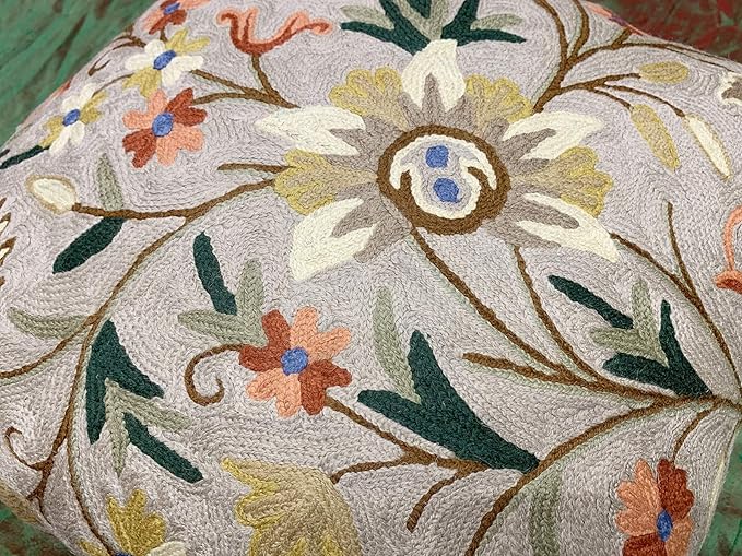 Beige Floral Pillow Cover Taupe Flower Traditional Hand Embroidered Pillowcase Traditional Outdoor Cushion Suzani Couch Flowery Needlepoint Chair Cushion Wool Size - 18x18