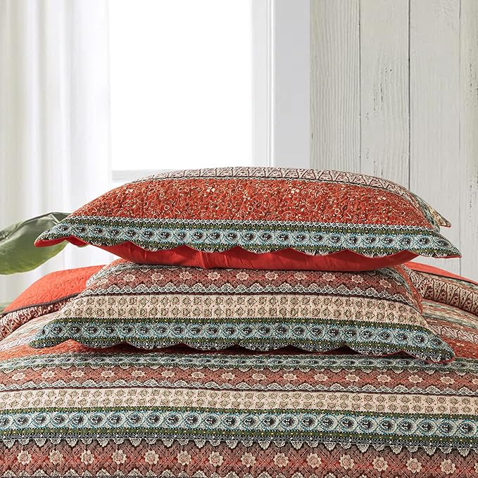 NEWLAKE Cotton Bedspread Quilt Sets - Reversible Patchwork Coverlet Set, Red Striped Jacquard Pattern, Oversized King Size