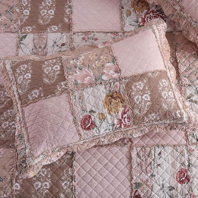 NEWLAKE Quilt Set Queen Size, Cotton Patchwork Pink Floral Quilt Sets, Real Stitched Embroidery Bedspread Lightweight and Breathable for All Seasons, Soft Quilted with 2 Pillow Shams