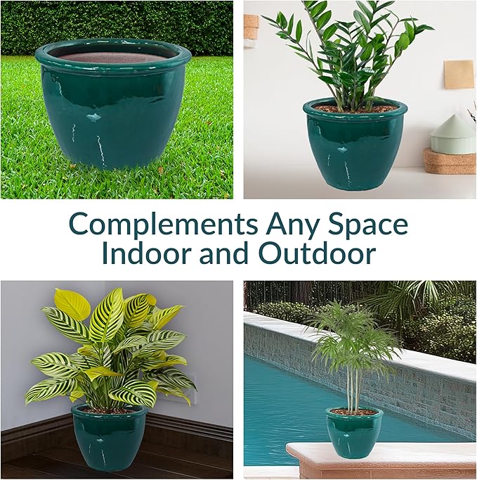 Sunnydaze Chalet Large Ceramic Plant Pot - Round Outdoor Glazed Ceramic Planter Pot with Drainage - Dark Green - 14.5"