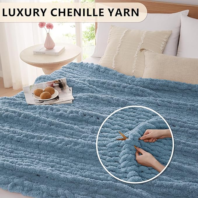 L'AGRATY Chunky Knit Blanket Throw: 50''x60'' Chenille Chunky Knitted Throw Blanket for Bed Couch - Handmade Thick Big Cable Knit Blanket - Large Crochet Rope Blanket for Home Decor(Airy Blue)