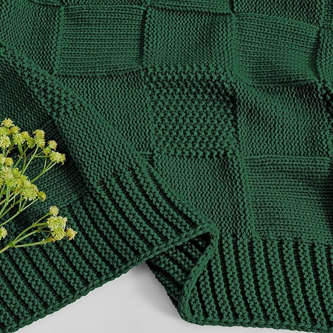 CozeCube Knit Throw Blanket, Green Checkered Throw for Couch, Soft Cozy Warm Knitted Blanket for Bed Sofa Living Room, 60"X80", Forest Green