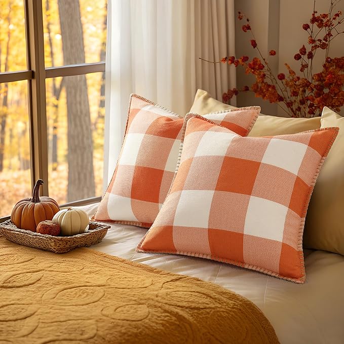 decorUhome Fall Orange and White Decorative Throw Pillow Covers 24x24 Set of 2, Buffalo Plaid Check Farmhouse Cushion Covers with Stitched Edge for Autumn Harvest Couch Sofa Bed Home Decor