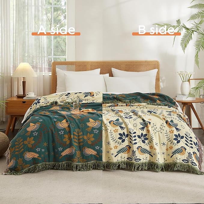 Boho Throw Blanket for Bed 90”x98”, 100% Cotton Woven Blanket for Couch Sofa, Ultra Soft 4-Layer Muslin Quilt with Bird Floral Printed, Farmhouse Bed Blanket/Cover for Living Room Decor