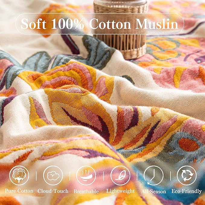 Boho Throw Blanket Twin Size, Soft Cozy Cotton Muslin Quilt Blanket for Bed Decor, Floral Patterned Couch Sofa Chair Cover, Vintage Farmhouse Cottage Tapestry Woven Blanket, Yellow&Blue