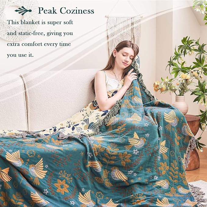 Boho Throw Blanket, 100% Cotton Ultra Soft Luxury Throw Rustic Quilt, 80"x90" Floral Printed Farmhouse Decor Bed Summer Blankets, All Season Rustic Reversible Bohemian Throw for Bed - Blue