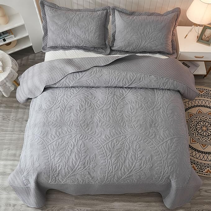 MarCielo 3-Piece 100% Cotton Oversized Bedspread Lightweight Quilt Coverlet Embroidery Farmhouse Bedding Set T0 (Light Grey, Oversized Queen (100"x106"))