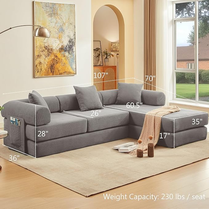107" Oversized Convertible Sleeper Sofa Bed, Corduroy L Shape Sectional Couch, Folding Sofa Bed with Side Pocket, Modern Cloud Floor Mattress Couch, Modular Sofa for Living Room, Grey